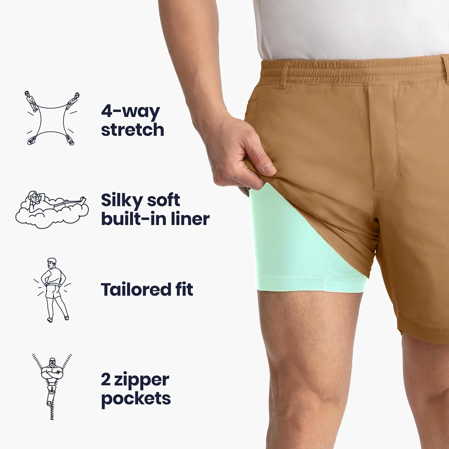 birddogs Mens Khaki Shorts ?C Casual, Slim Fit, Stretch Shorts with Built-in Liner for Comfort ?C Regular Length, 7?? Inseam