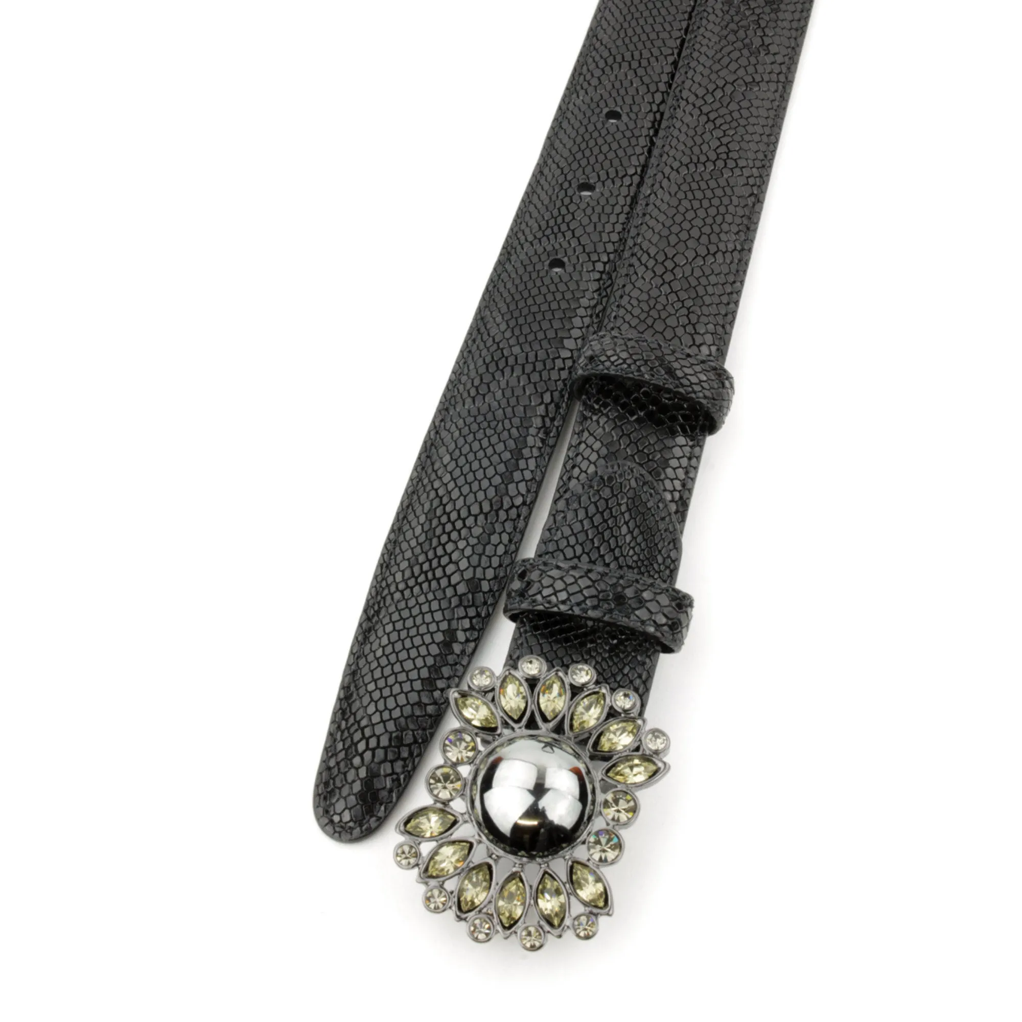 Black Narrow Mock Python Crystal Starburst Belt