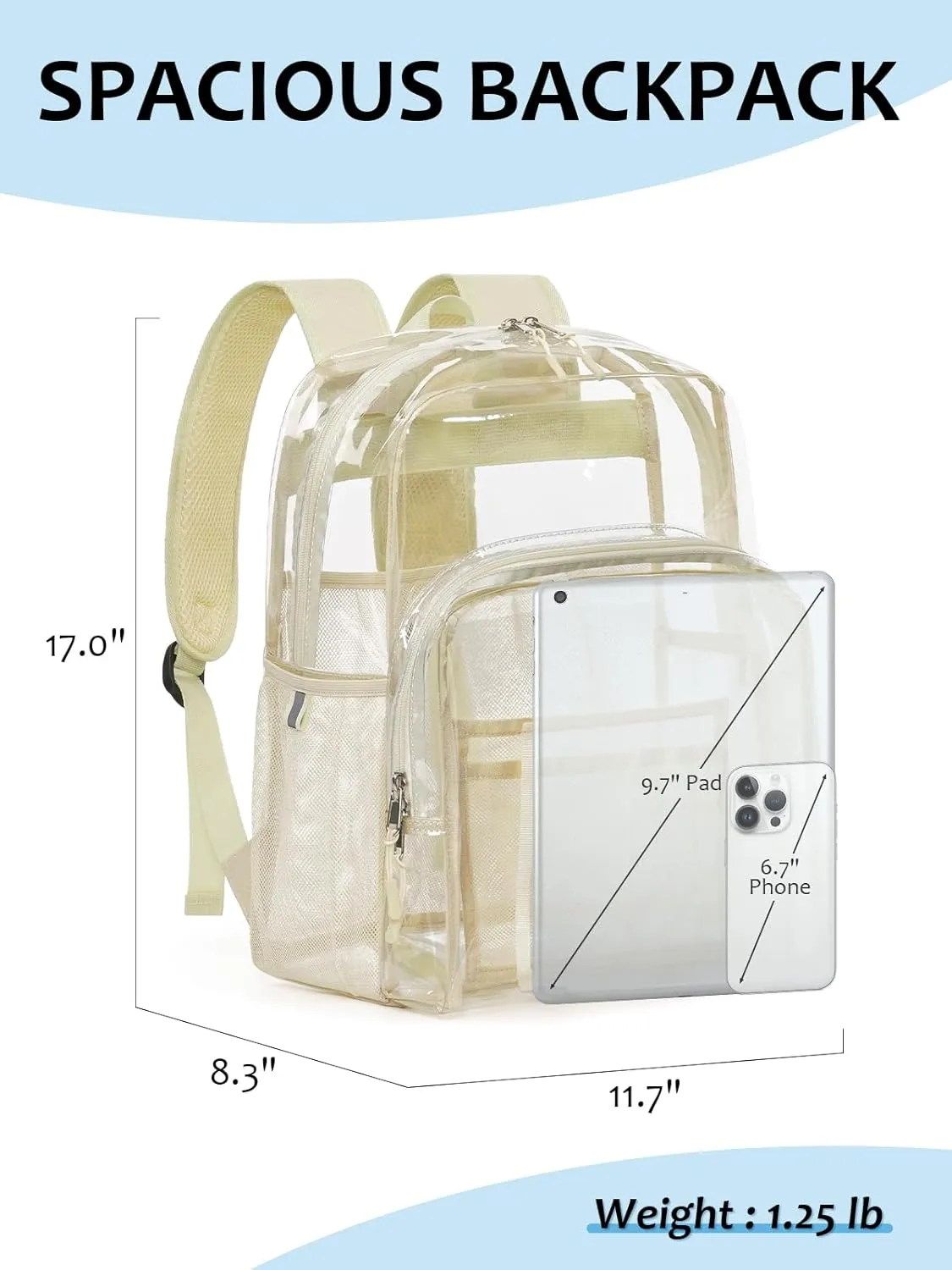 Clear Backpack Heavy Duty, 17 Inch Large TPU Clear Bookbag for Boys Girls Adult, See Through Book Bag Transparent Backpacks with Multiple Pockets for School College Work Casual, Off White