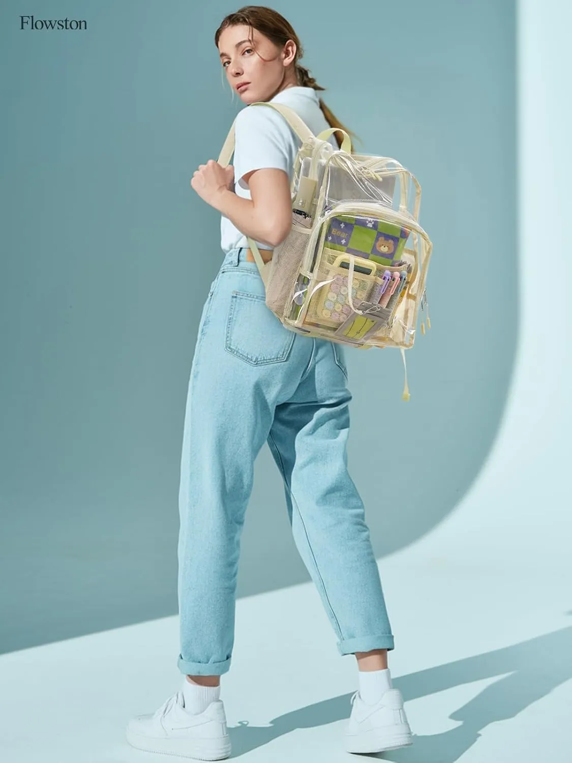 Clear Backpack Heavy Duty, 17 Inch Large TPU Clear Bookbag for Boys Girls Adult, See Through Book Bag Transparent Backpacks with Multiple Pockets for School College Work Casual, Off White