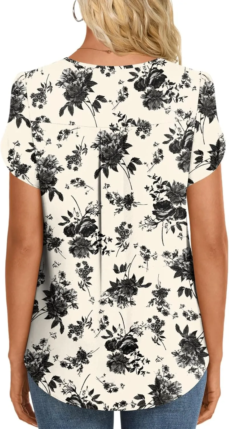 HOTGIFT Womens Tunic Tops 2025 Summer Short Sleeve V Neck Chiffon T Shirt M-3XL