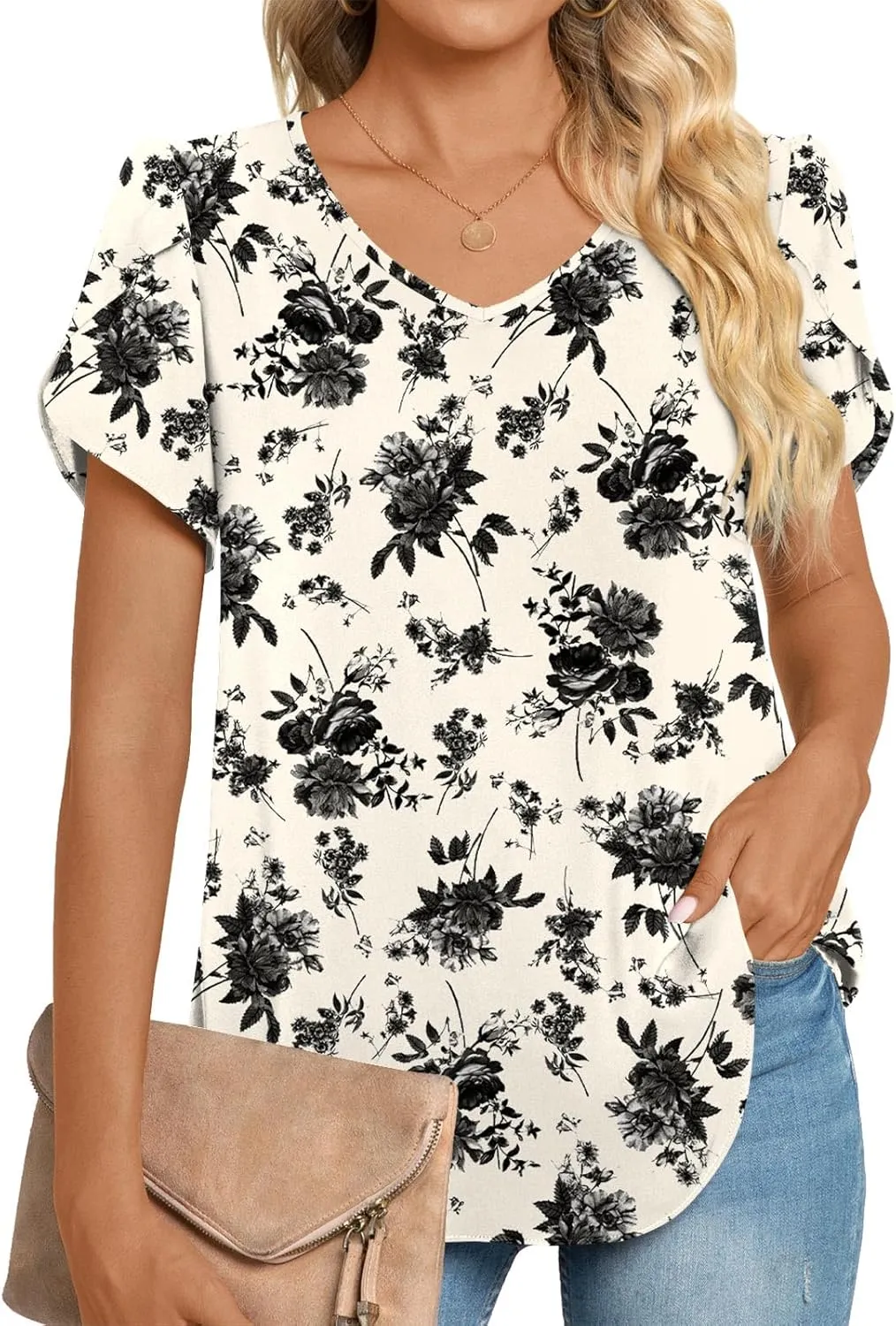 HOTGIFT Womens Tunic Tops 2025 Summer Short Sleeve V Neck Chiffon T Shirt M-3XL