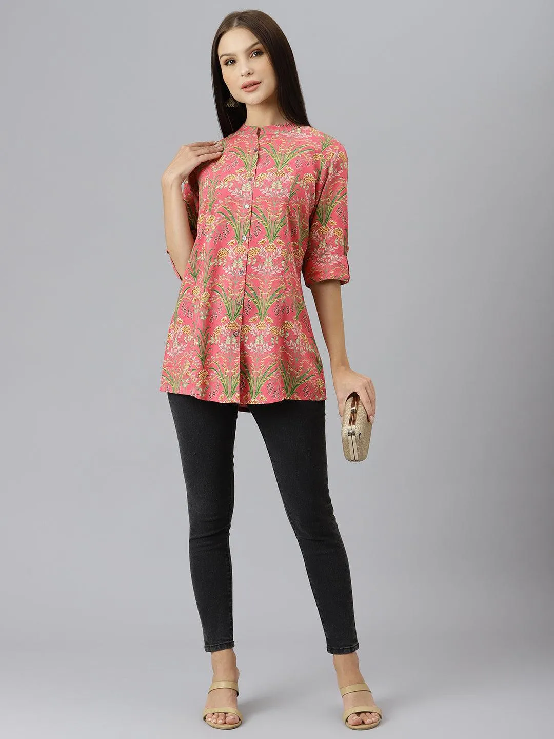 Jashvi Dark Pink Floral Rayon A-line Shirts Style Top