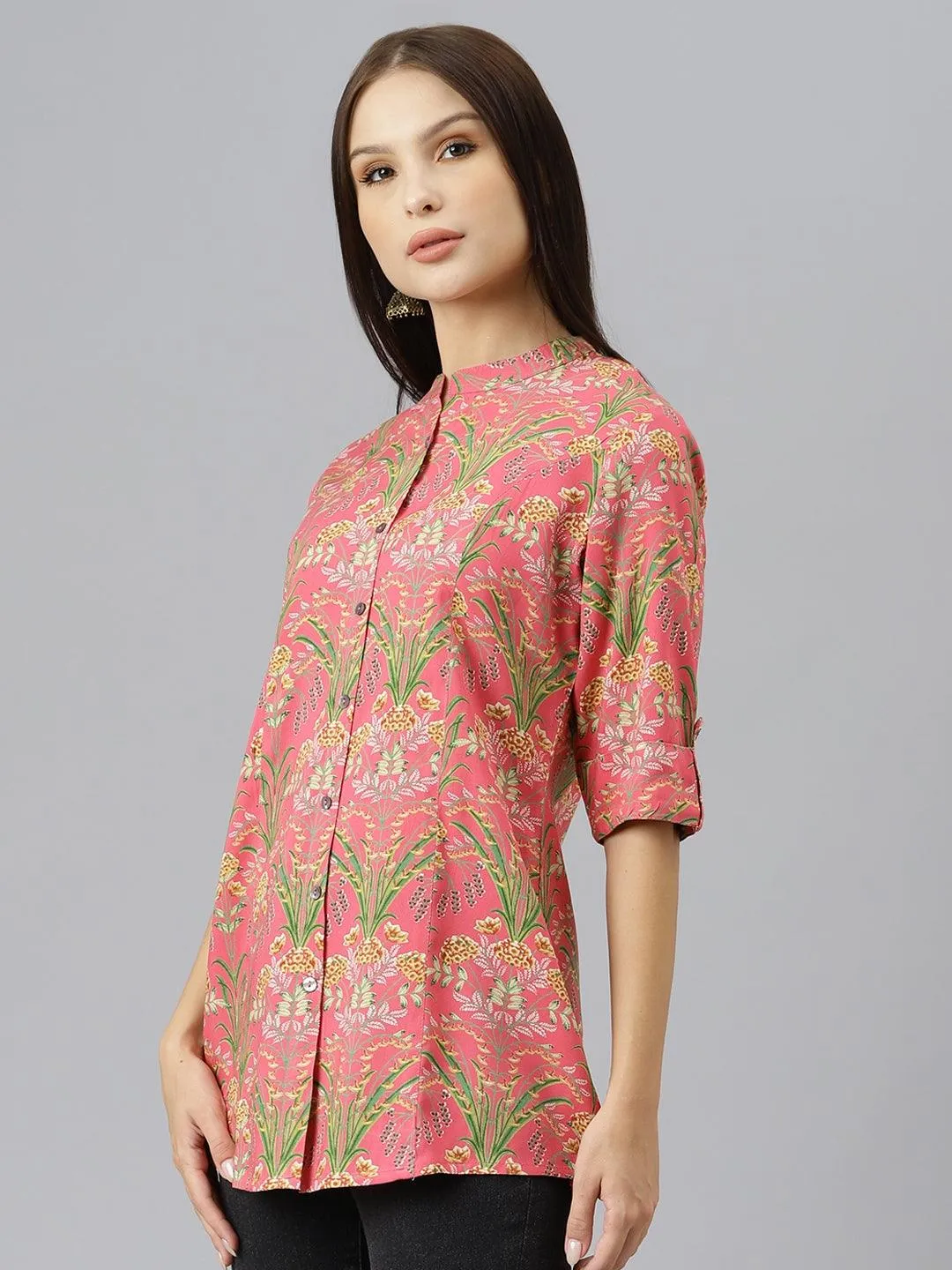 Jashvi Dark Pink Floral Rayon A-line Shirts Style Top