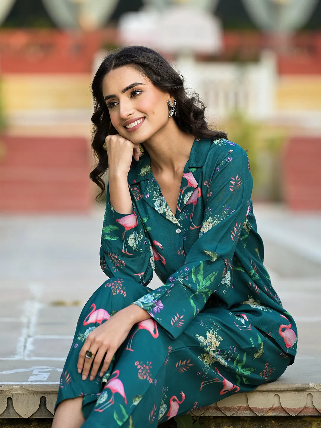Jashvi Green Floral Printed Muslin Co-ord Set