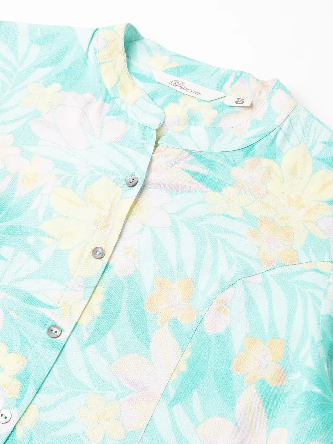 Jashvi Sea Green Floral Printed Rayon A-line Shirt Style Top