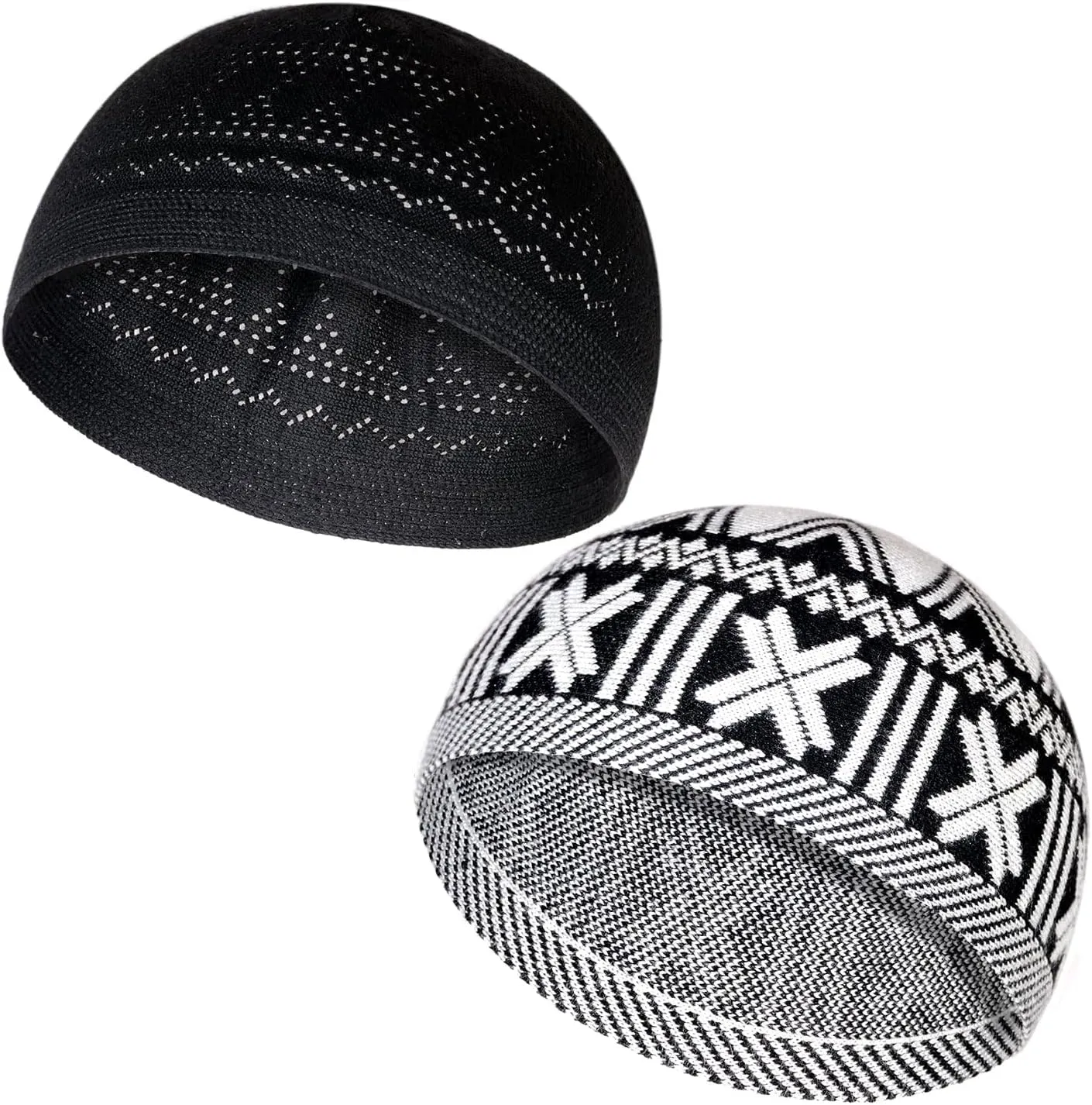 Muslim Hats - Keffiyeh Kufi Hats for Men??s Common use and Islamic Gifts | Skull Cap |Muslim Clothes - Islamic Clothing for Men| 2pcs, 2 Designs, 2 Colors, Black; White & Black