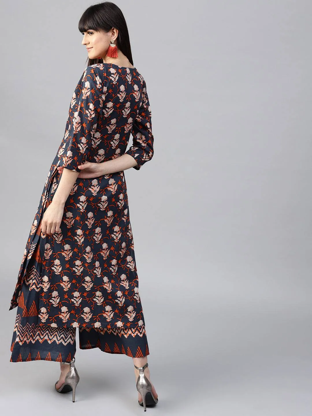 Navy Blue Cotton Printed Palazzo Suit