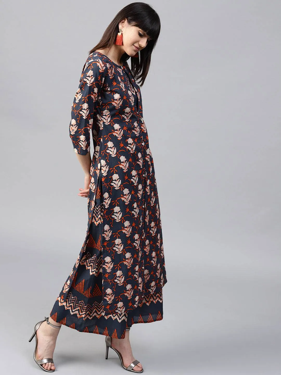 Navy Blue Cotton Printed Palazzo Suit