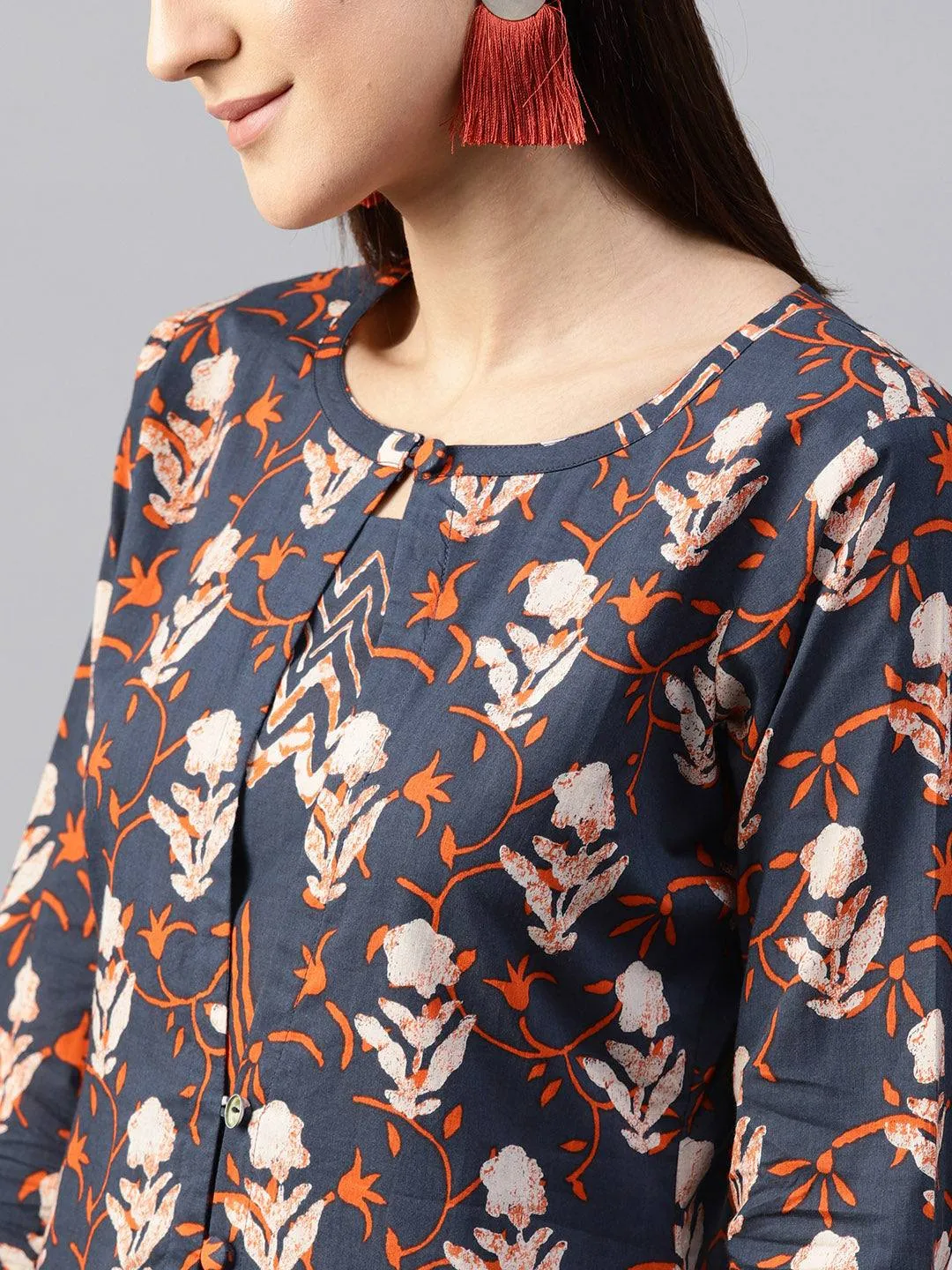 Navy Blue Cotton Printed Palazzo Suit