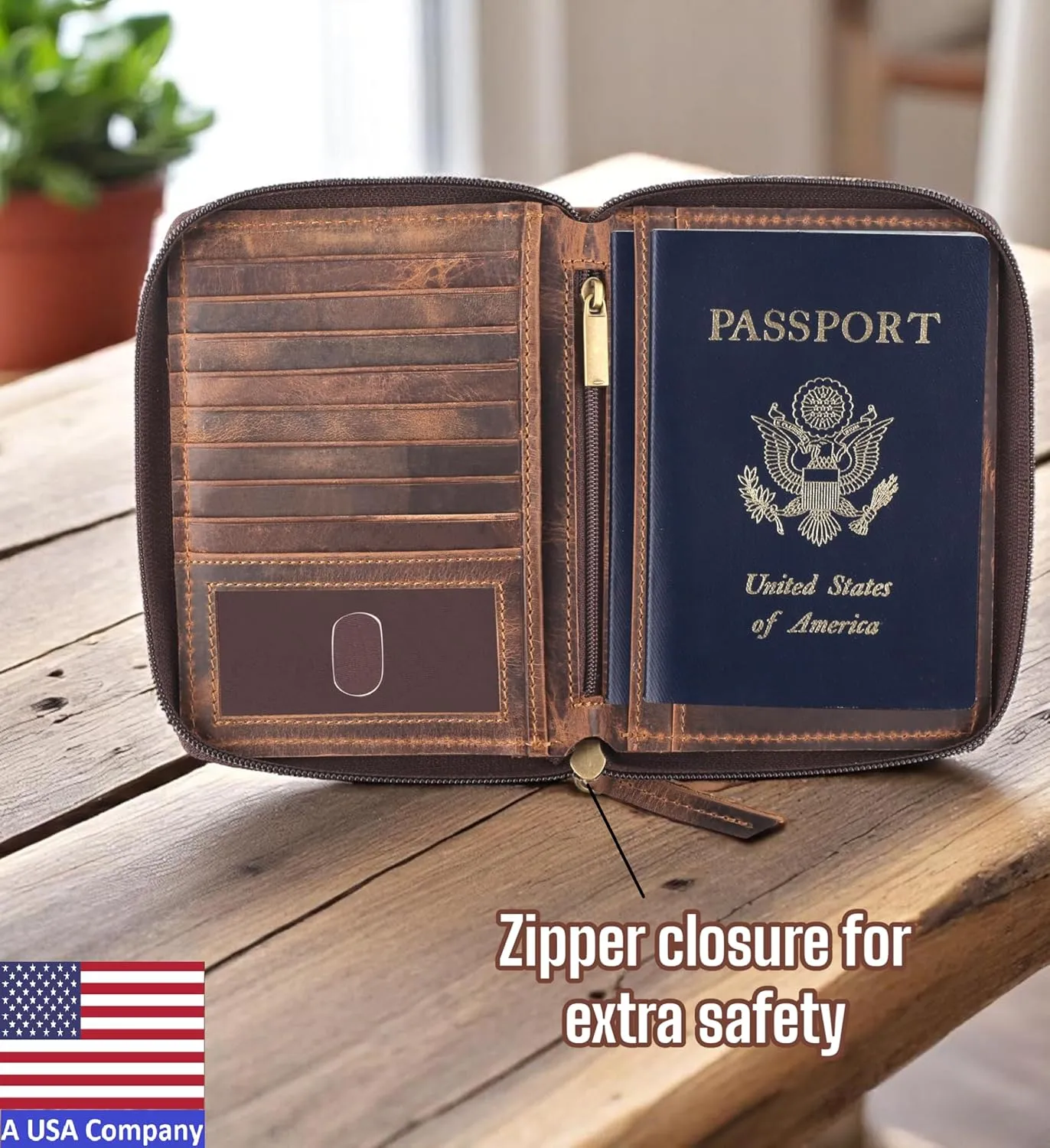 Passport Wallet - Travel Document Holder w/RFID Blocking ?C Full Grain Leather ?C Bifold compact zip around Wallet with Credit Card Slots for Women and Men, brown skull,500-31