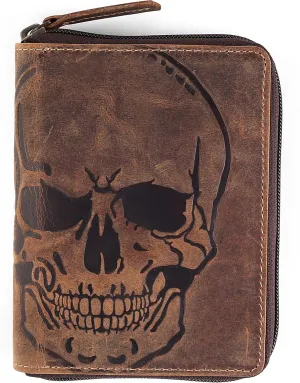 Passport Wallet - Travel Document Holder w/RFID Blocking ?C Full Grain Leather ?C Bifold compact zip around Wallet with Credit Card Slots for Women and Men, brown skull,500-31