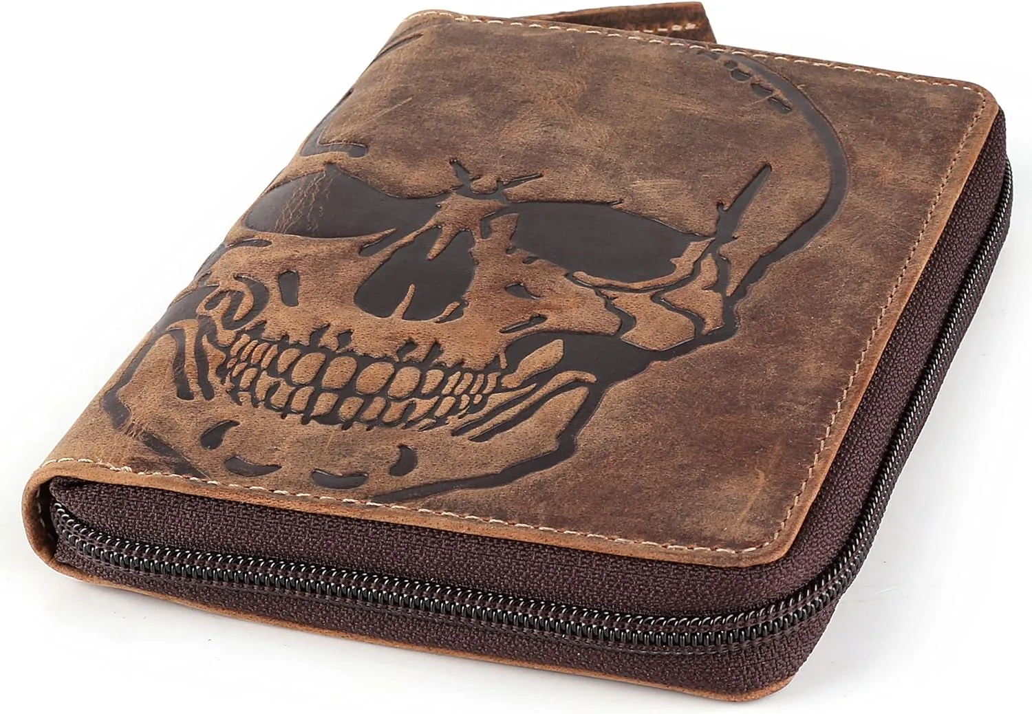 Passport Wallet - Travel Document Holder w/RFID Blocking ?C Full Grain Leather ?C Bifold compact zip around Wallet with Credit Card Slots for Women and Men, brown skull,500-31