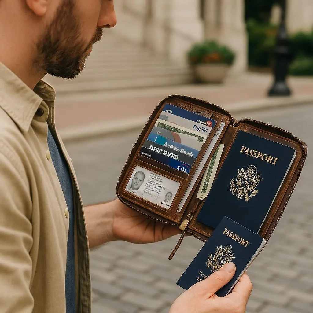 Passport Wallet - Travel Document Holder w/RFID Blocking ?C Full Grain Leather ?C Bifold compact zip around Wallet with Credit Card Slots for Women and Men, brown skull,500-31