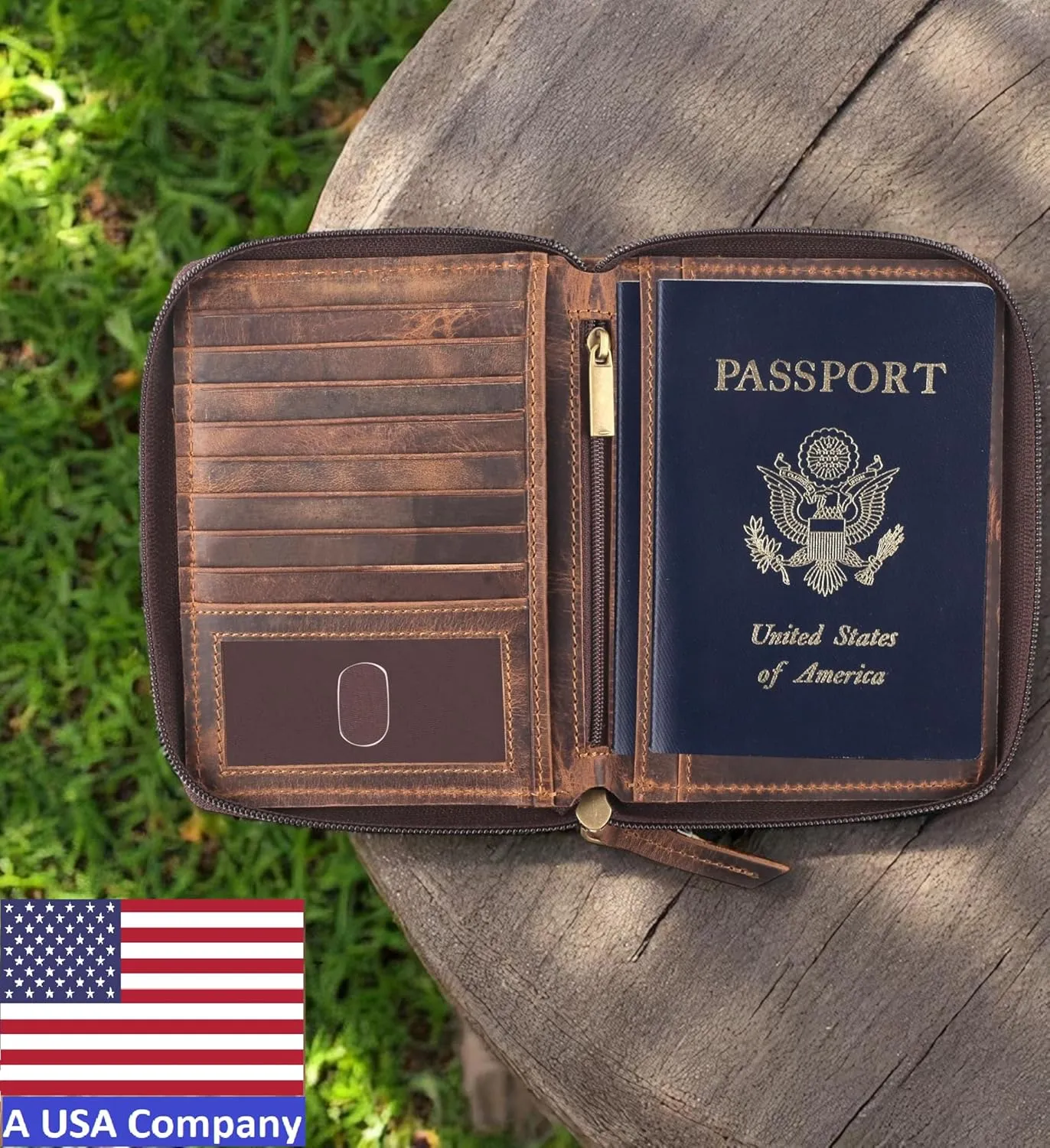 Passport Wallet - Travel Document Holder w/RFID Blocking ?C Full Grain Leather ?C Bifold compact zip around Wallet with Credit Card Slots for Women and Men, brown skull,500-31