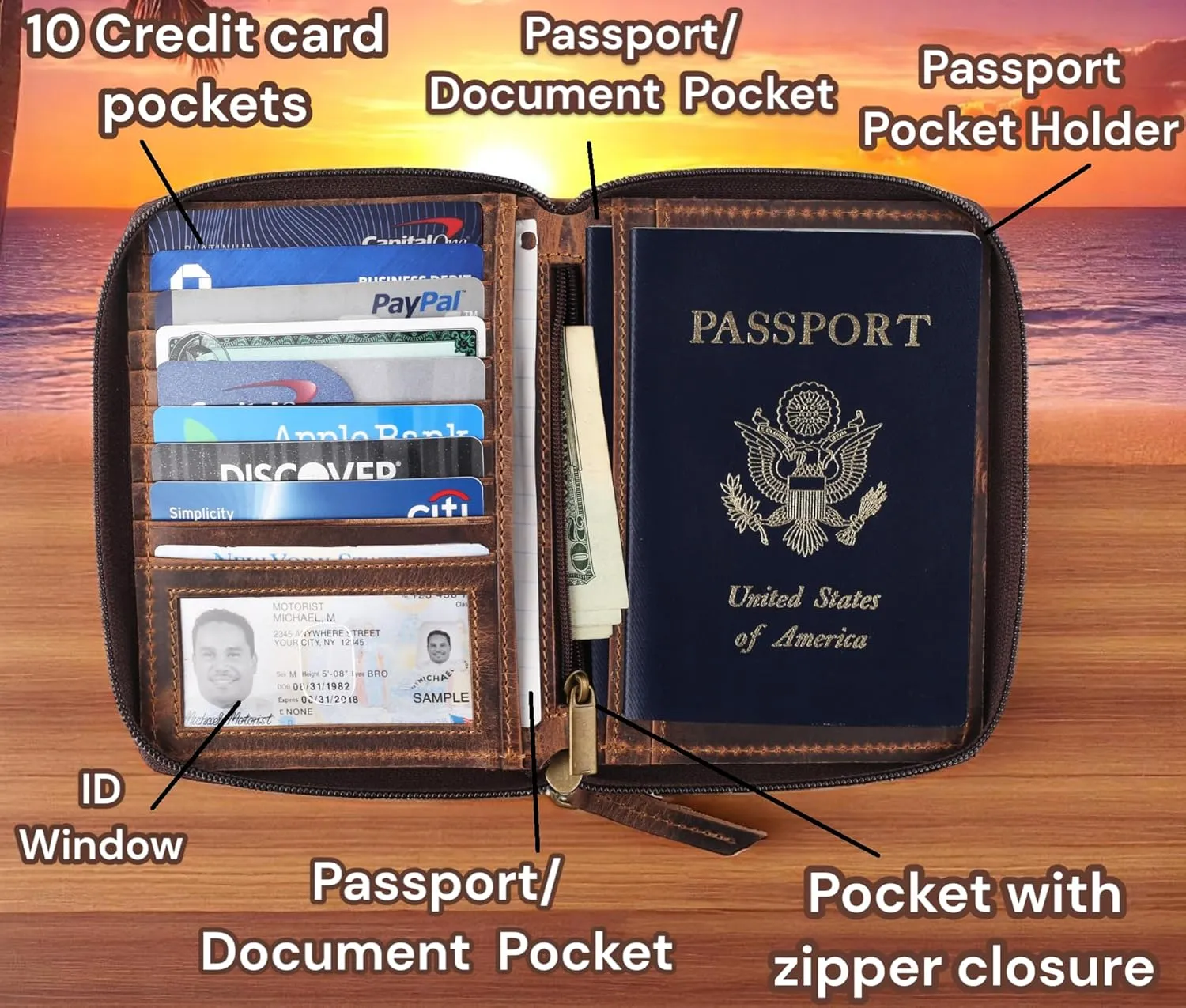 Passport Wallet - Travel Document Holder w/RFID Blocking ?C Full Grain Leather ?C Bifold compact zip around Wallet with Credit Card Slots for Women and Men, brown skull,500-31