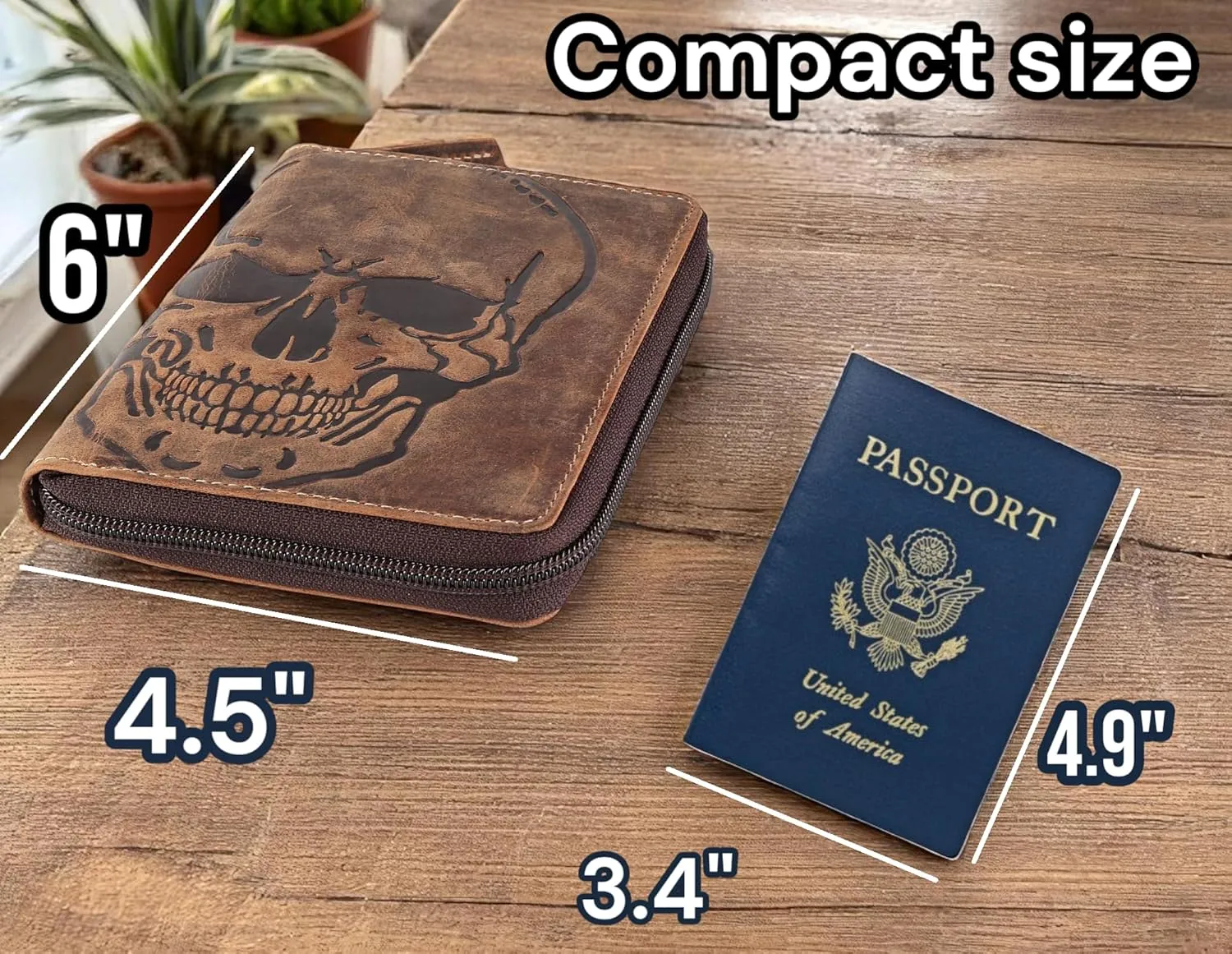 Passport Wallet - Travel Document Holder w/RFID Blocking ?C Full Grain Leather ?C Bifold compact zip around Wallet with Credit Card Slots for Women and Men, brown skull,500-31